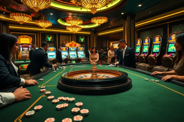 Players enjoying an exciting gaming experience at 8day.cn.com casino tables with vibrant casino elements.