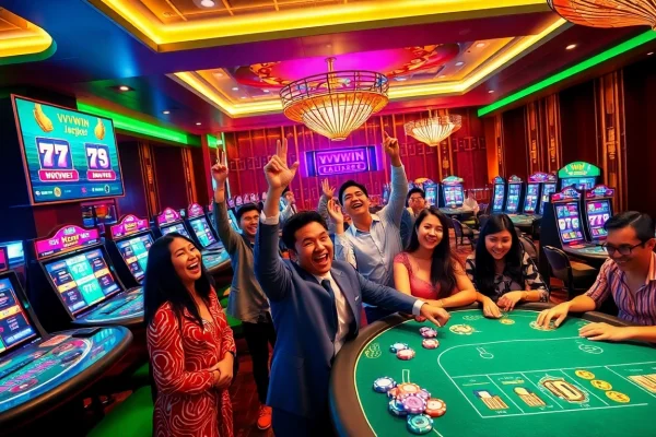 Celebratory gaming scene at vvvwin88.live showcasing diverse players in a luxurious casino.