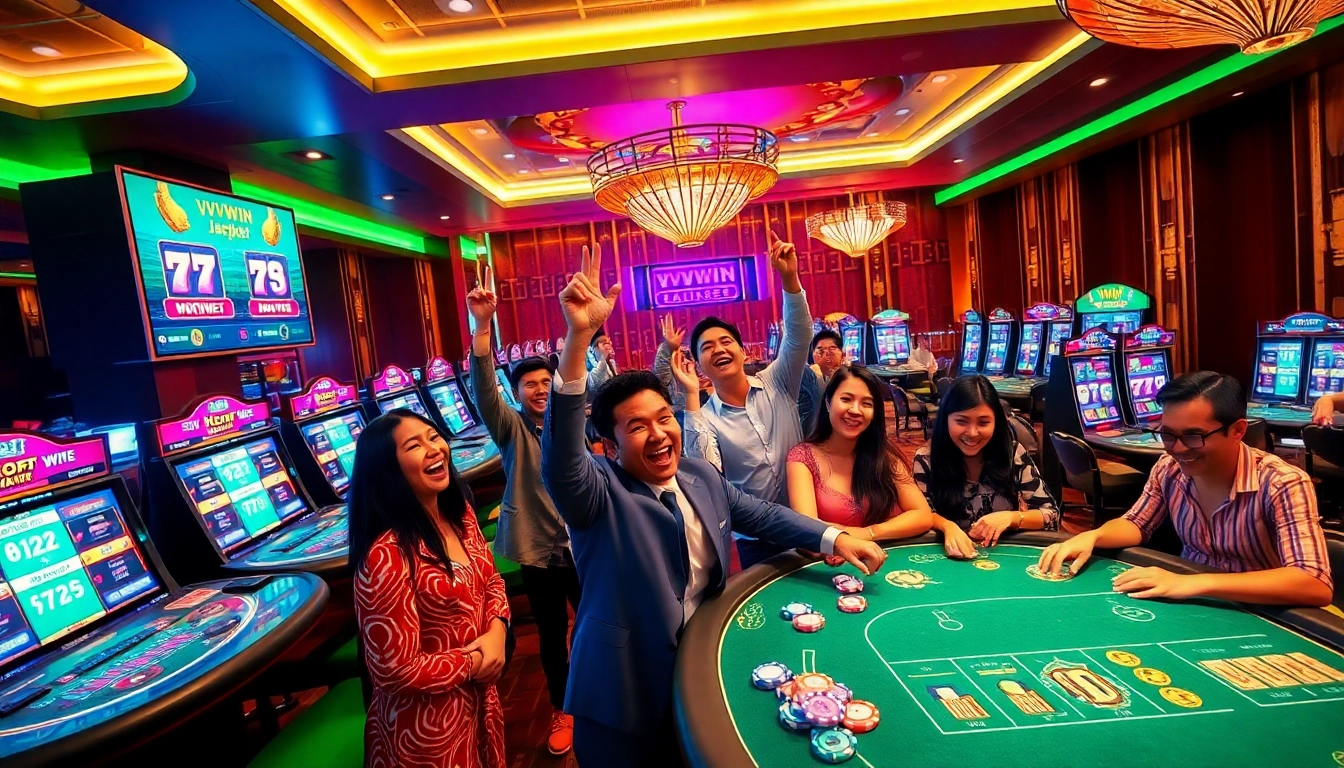 Celebratory gaming scene at vvvwin88.live showcasing diverse players in a luxurious casino.