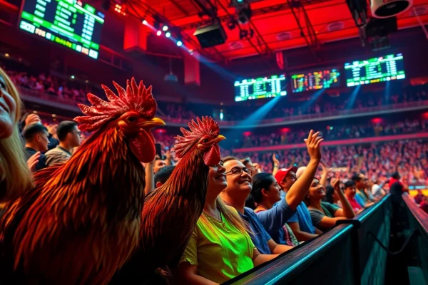 Live cockfighting action at sv368win.live, highlighting excitement and engagement in a vibrant arena atmosphere.