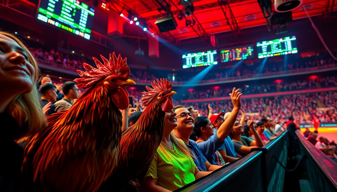 Live cockfighting action at sv368win.live, highlighting excitement and engagement in a vibrant arena atmosphere.