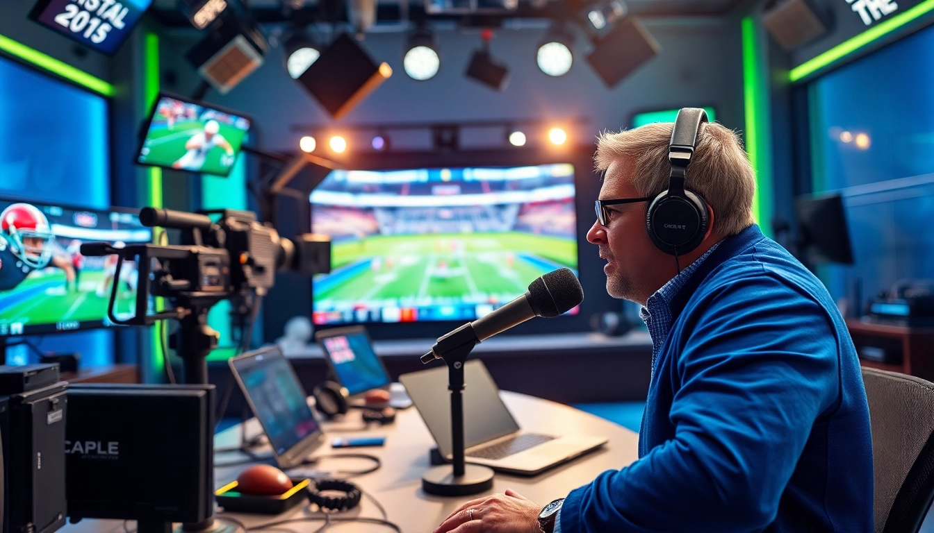 Dynamic sports broadcasting setup featuring an engaging announcer and vibrant graphics.