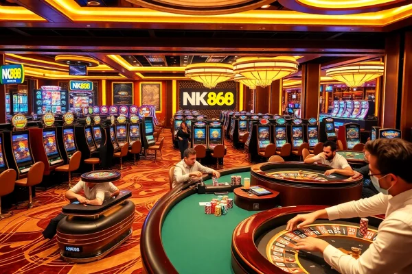 Players enjoying exciting games at NK888 casino, showcasing vibrant slot machines and poker tables.