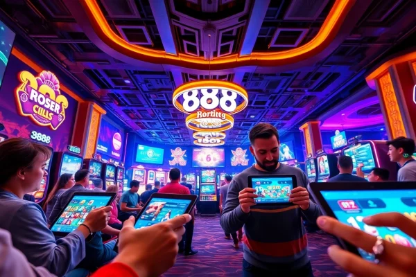 Engaged players enjoying the exciting gaming experience of 888b.rodeo in a vibrant casino atmosphere.