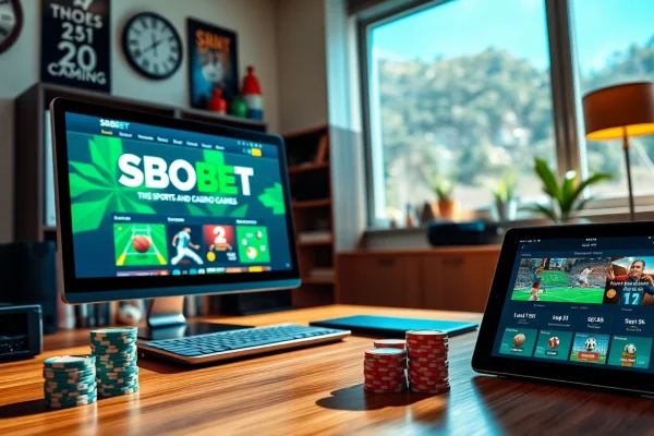 SBOBET.dance showcases a vibrant online betting scene with a modern home office setup.