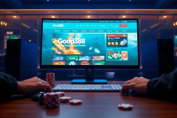 Engaging online gambling setup featuring the Good88.hu.net website with vibrant game graphics and poker elements.