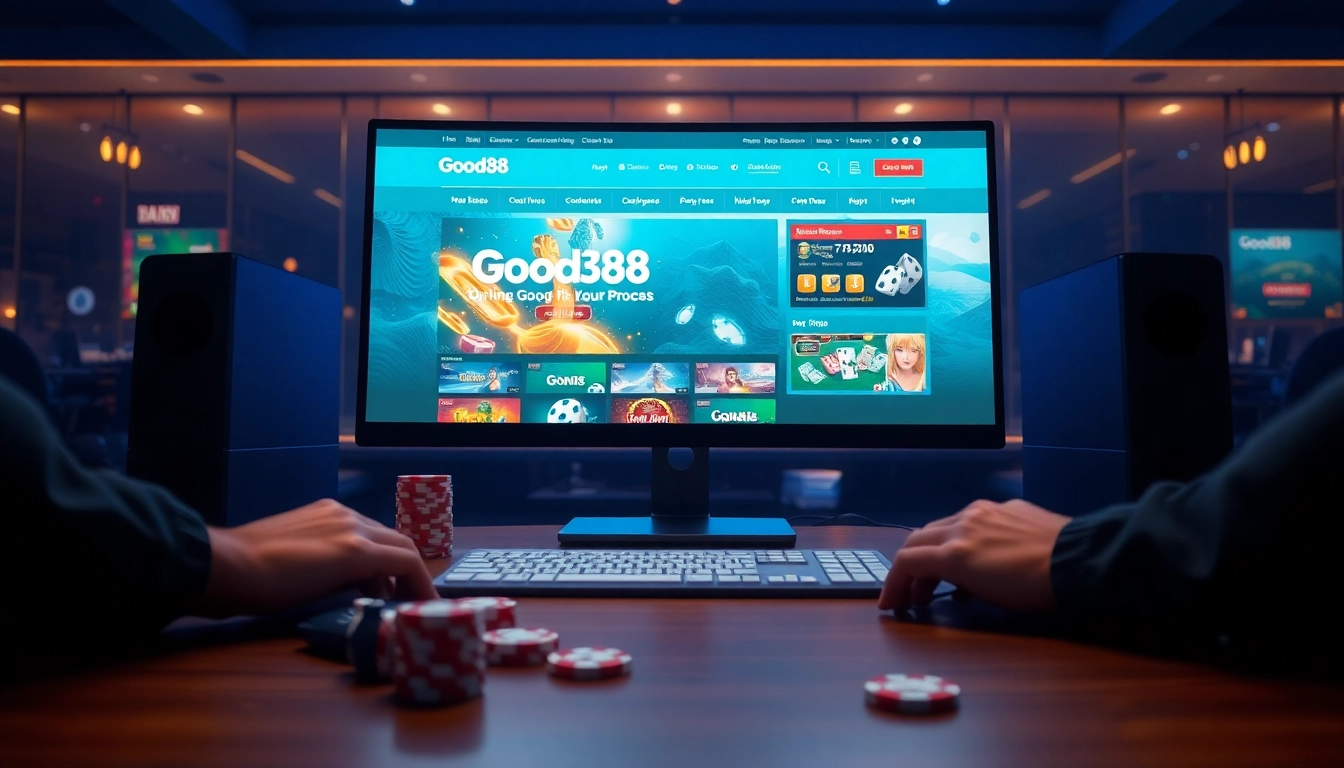 Engaging online gambling setup featuring the Good88.hu.net website with vibrant game graphics and poker elements.