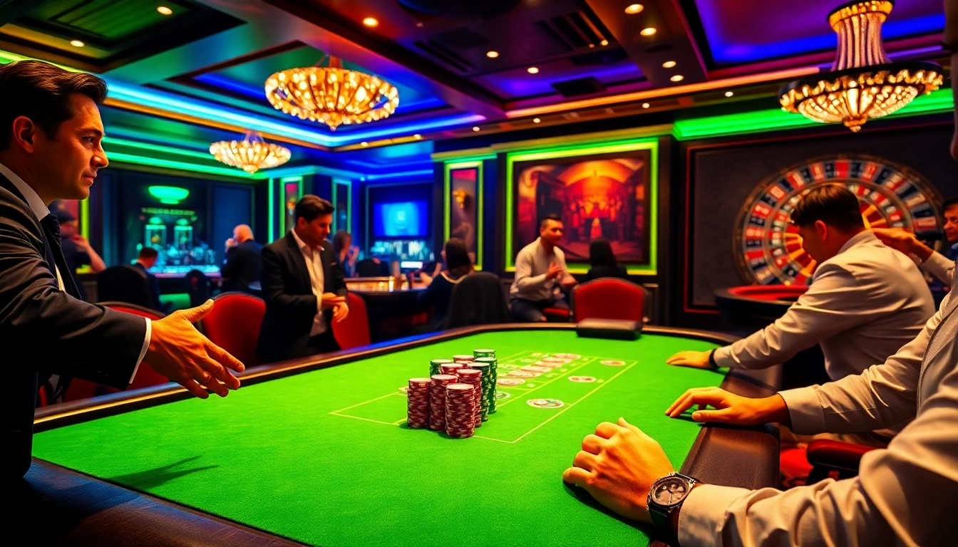 Exciting gaming environment at nhà cái fun79 with poker chips and a spinning roulette wheel.