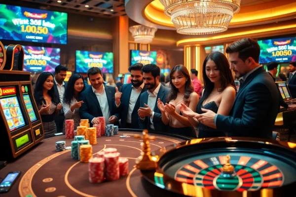 Experience high-stakes gaming excitement at win55win.live with vibrant casino visuals showcasing poker, slots, and roulette.
