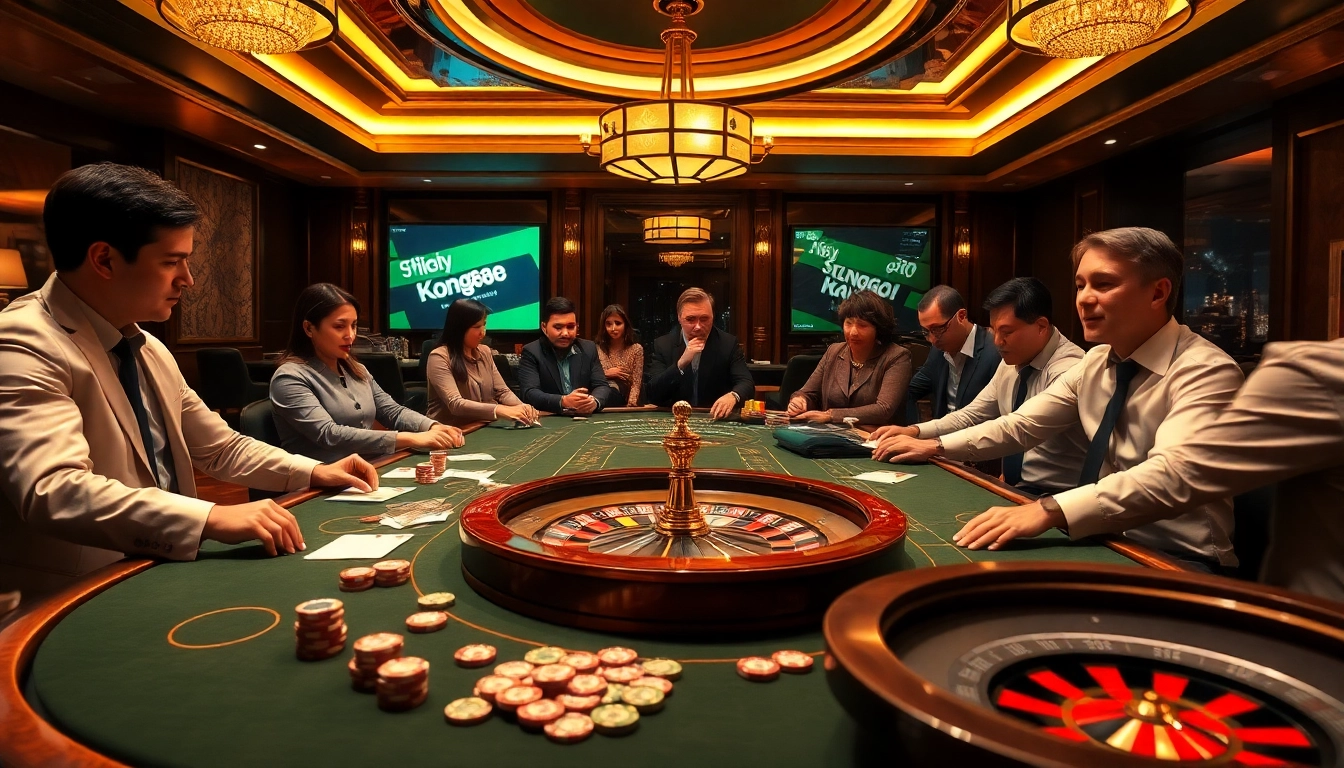 KONG88 promotions showcasing a luxurious casino atmosphere with professional gamblers and table games.