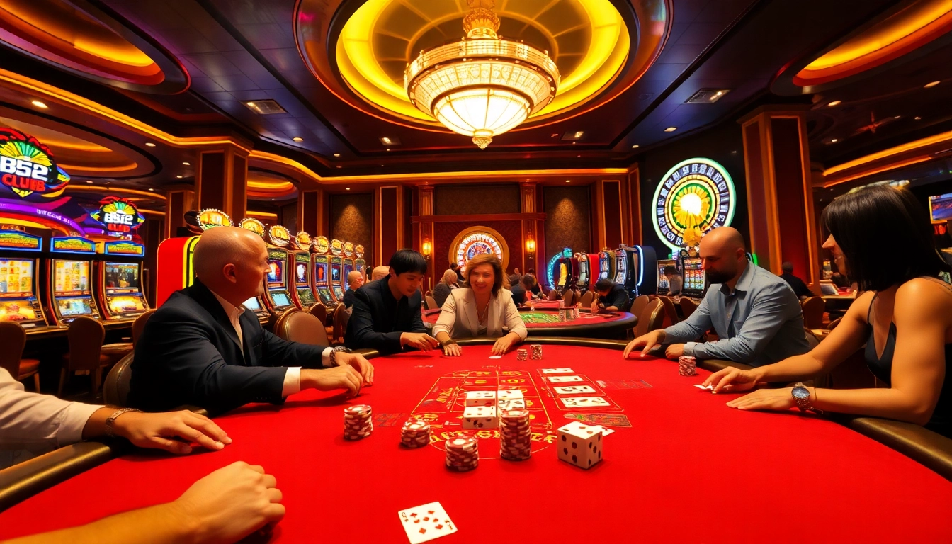Players enjoying high-stakes poker at B52 club casino, surrounded by glowing slot machines and luxury.