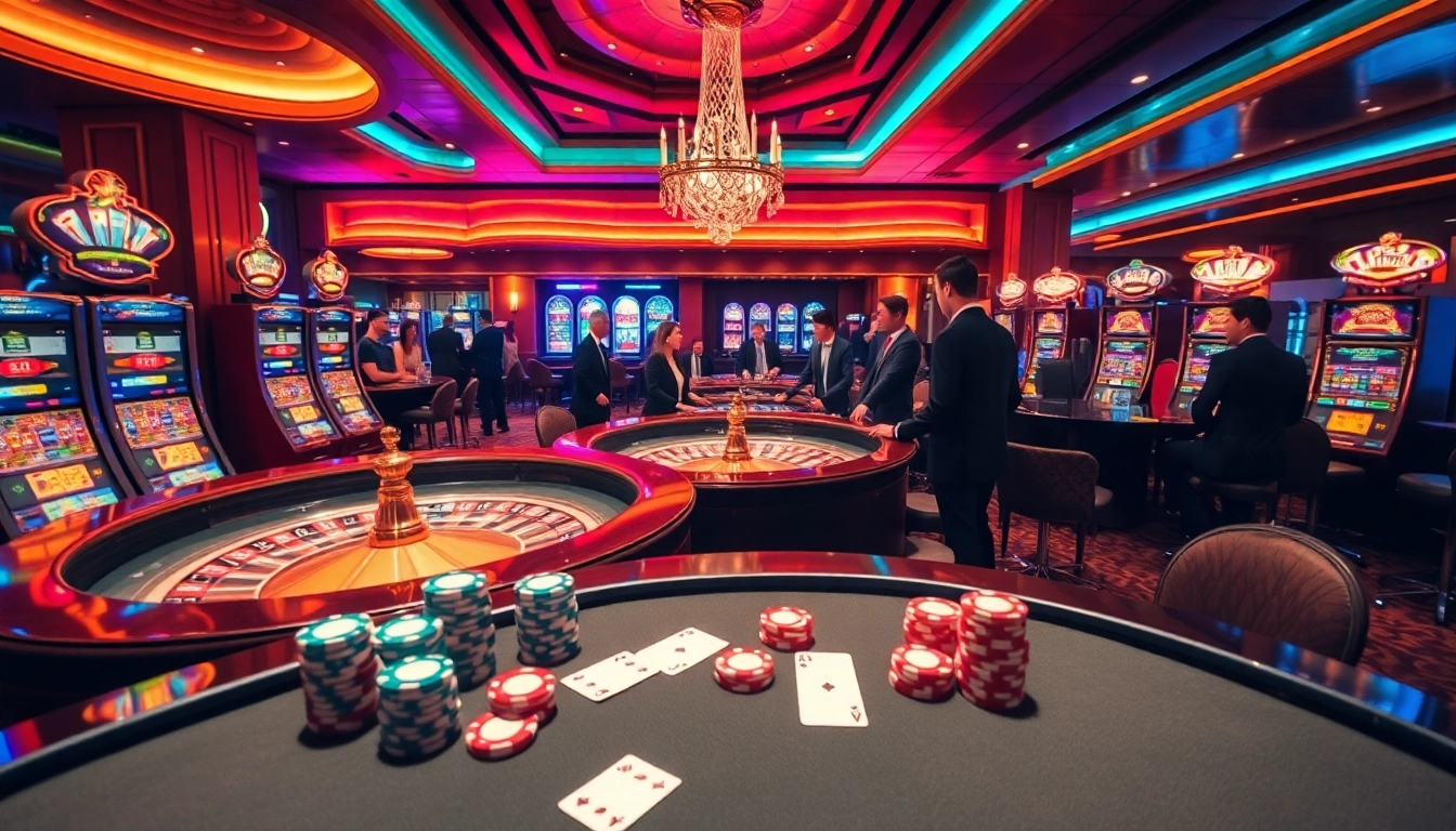 Experience thrilling action with link UU88 at a vibrant casino featuring roulette and slot machines.