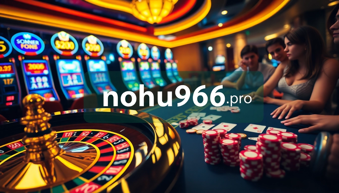 Gambling excitement at https://nohu906.pro/ with poker chips and a roulette wheel in a luxurious casino setting.