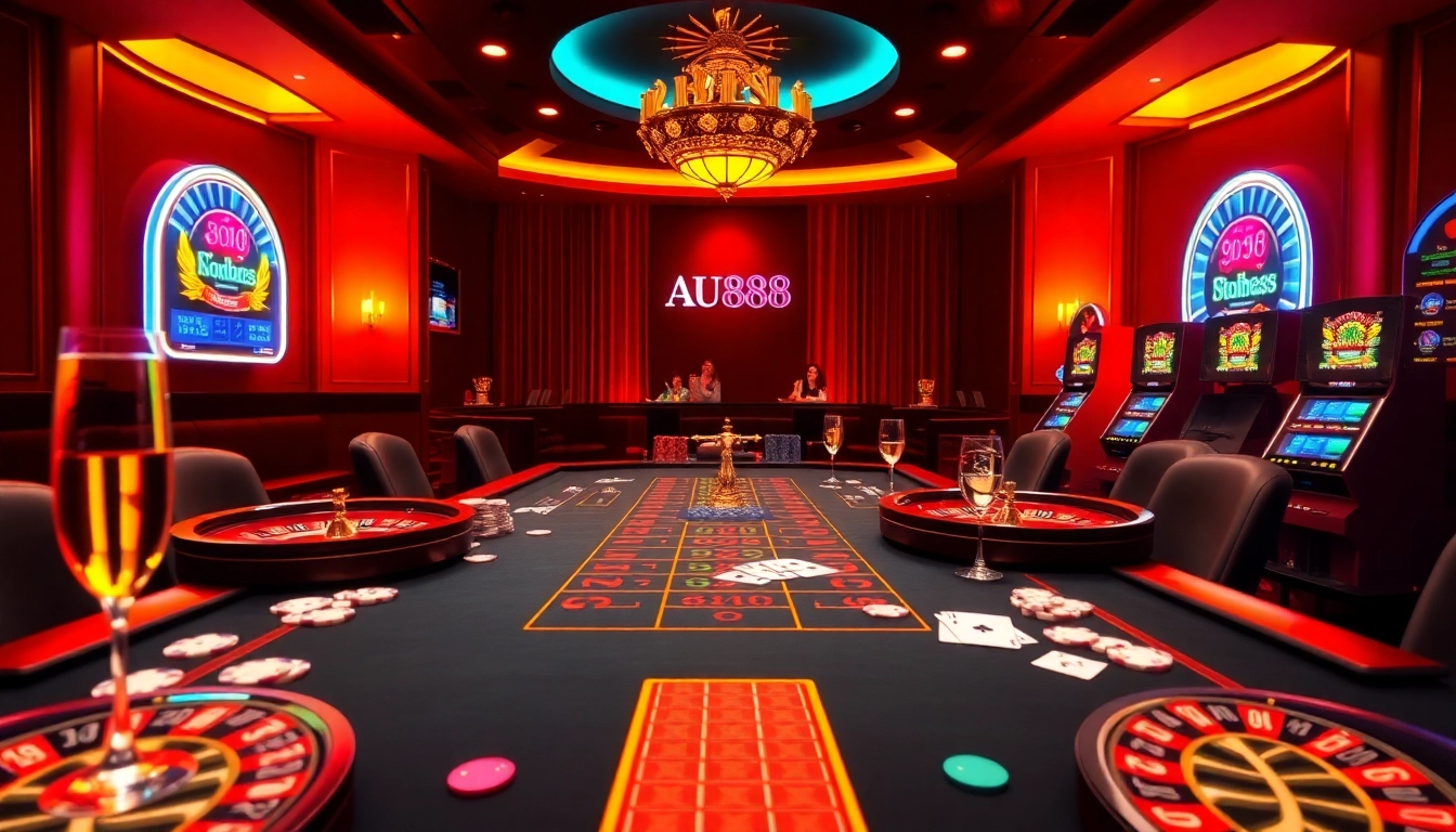 Players enjoying high-stakes gambling action at AU888 casino table with vibrant chips and cards.