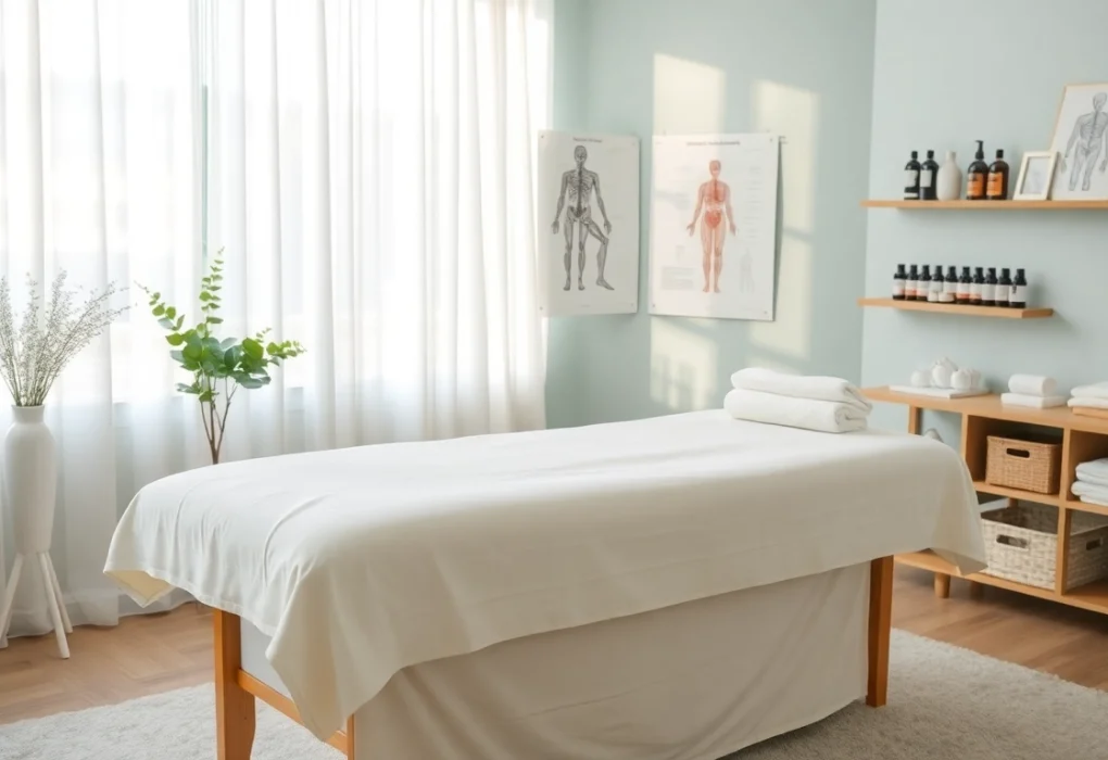 Deep tissue massage therapy room with calming ambiance and professional setup.