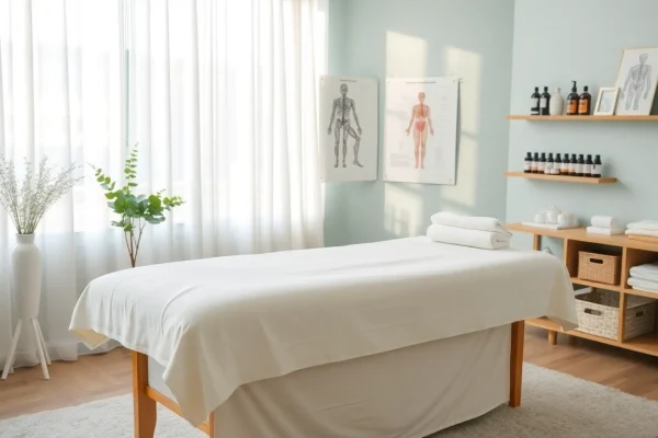 Deep tissue massage therapy room with calming ambiance and professional setup.