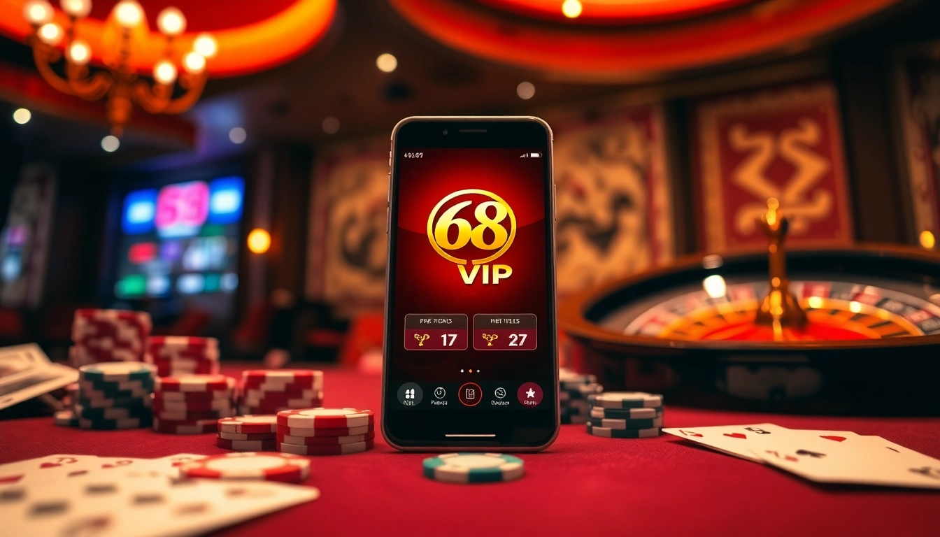 Tải App Nhà Cái 68VIP showcasing a smartphone surrounded by vibrant casino elements.