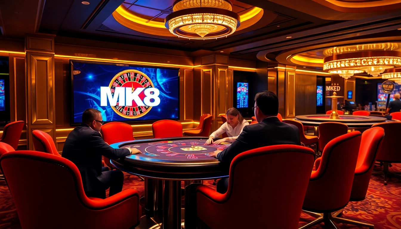 Players engaging in a high-stakes poker game at MK8 casino with vibrant decor.