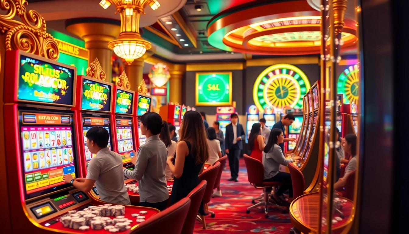 Situs slot gacor showcasing players winning at vibrant slot machines in a luxurious casino setting.