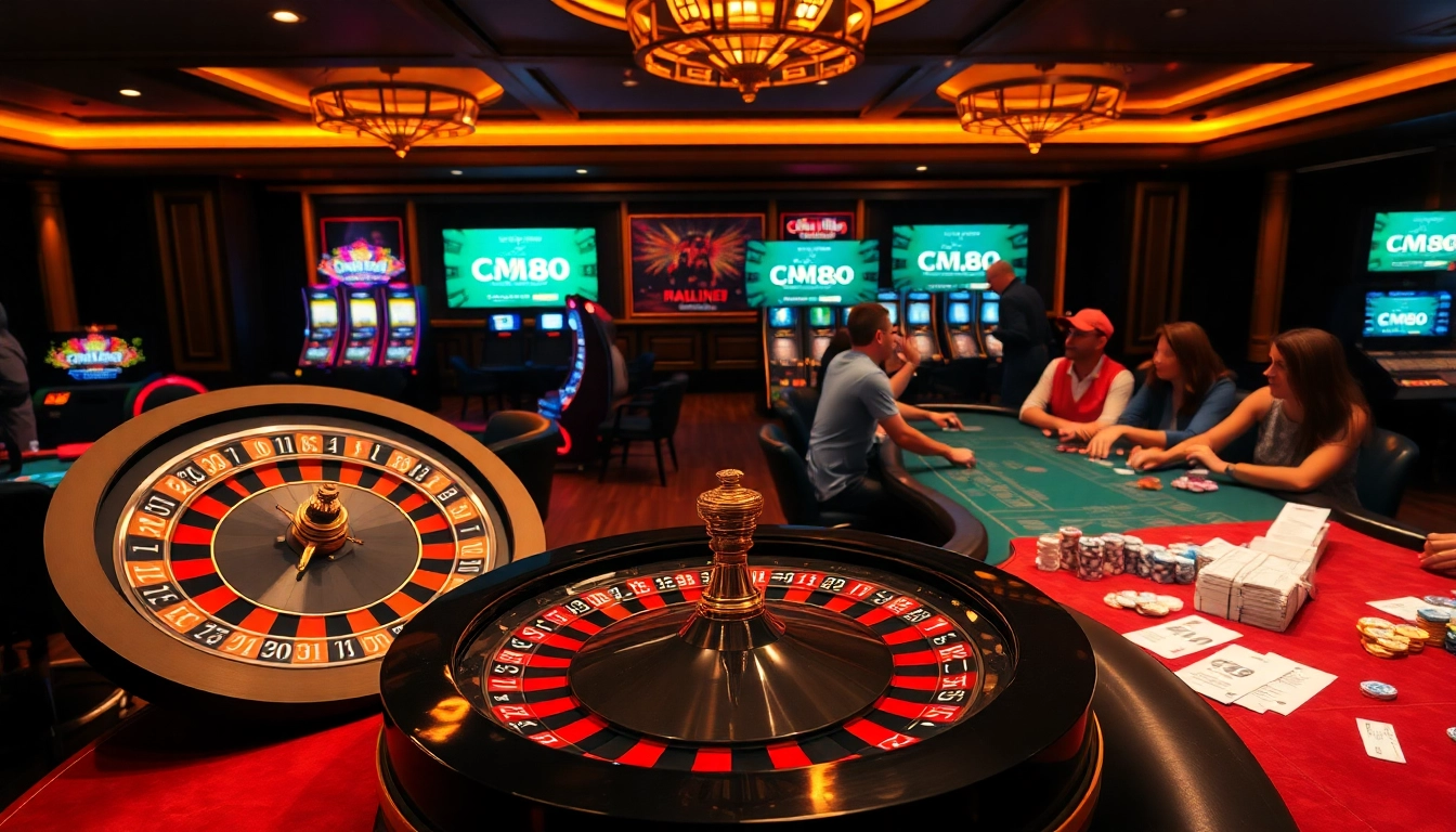 Engage in thrilling gaming experiences at CM88.COM with vibrant casino visuals including roulette wheels and poker tables.
