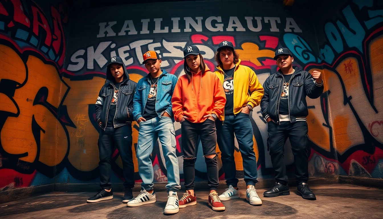 Stylish models showcasing urban streetwear clothes against a graffiti backdrop.